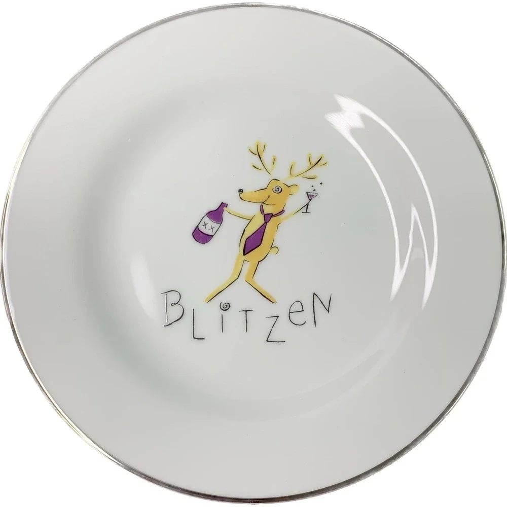 Pottery Barn Reindeer Collection BLITZEN 2 Mugs and 2 Salad Plates Lot of 4